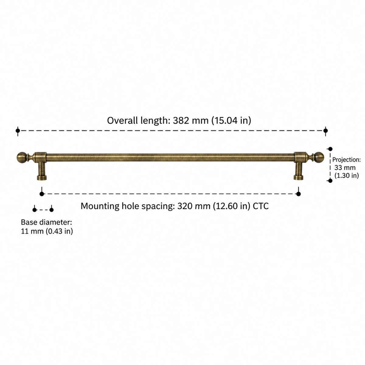 Collared ball-end pull dimensions: 12.60 inch (320 mm) CTC and 15.04 inch (382 mm) overall length