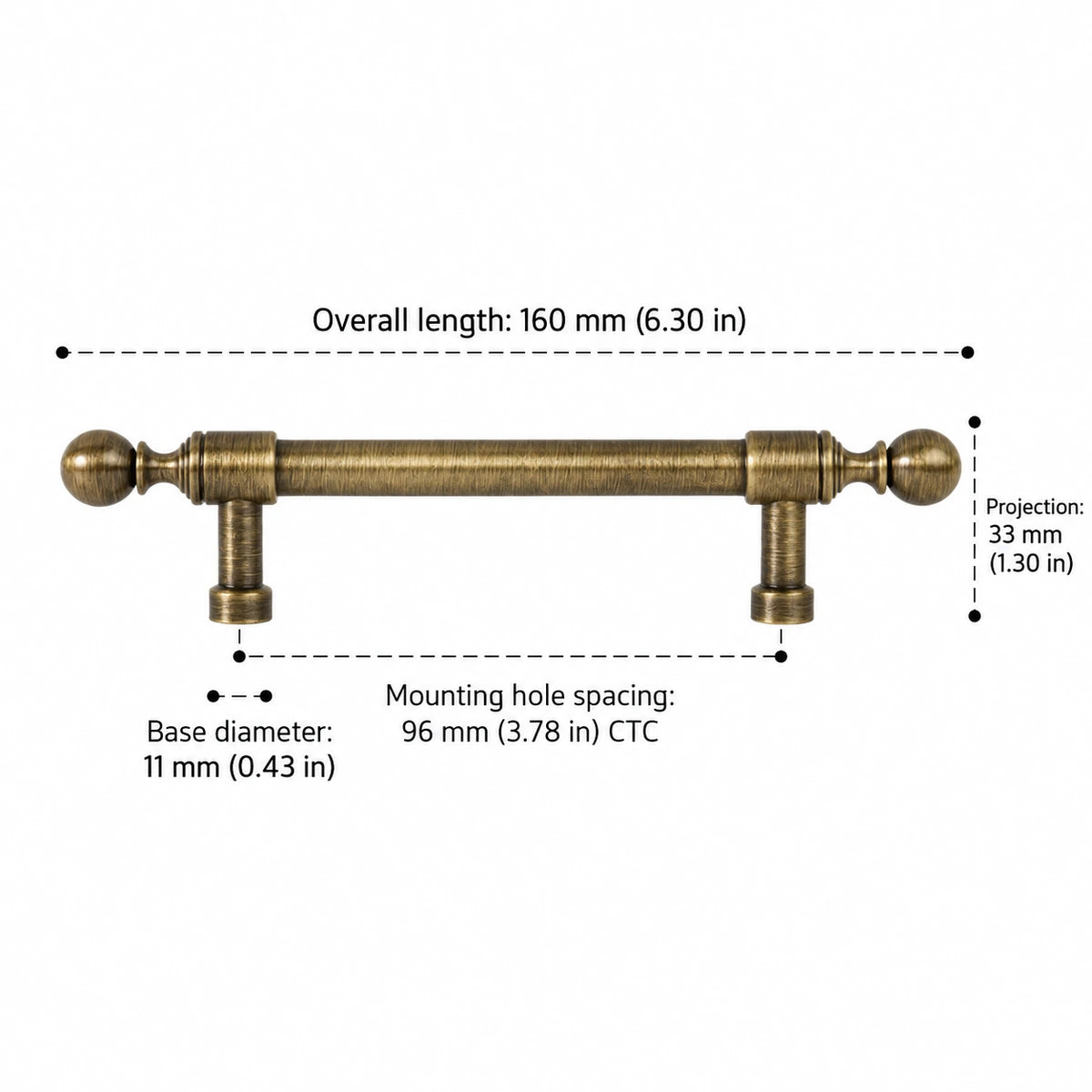 Collared ball-end pull dimensions: 3.78 inch (96 mm) CTC and 6.30 inch (160 mm) overall length