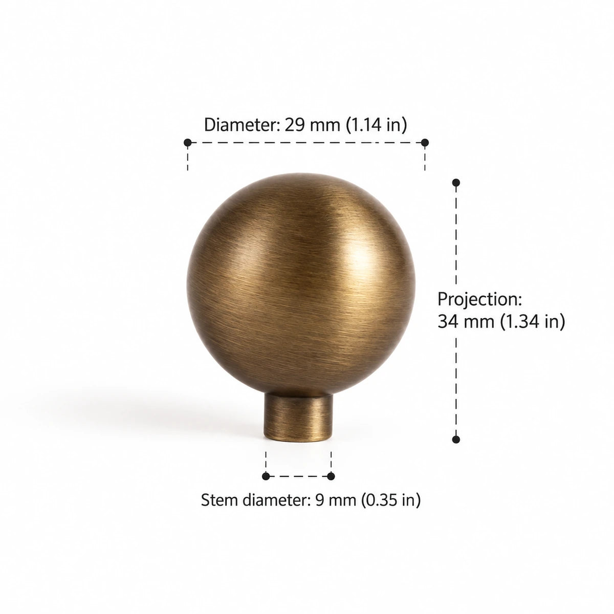 Ball knob dimensions: 1.14 inch (29 mm) diameter and 1.34 inch (34 mm) projection