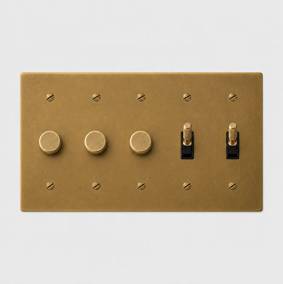 Custom 5 gang solid brass light switch plate with 3 dimmers and 2 toggle switches