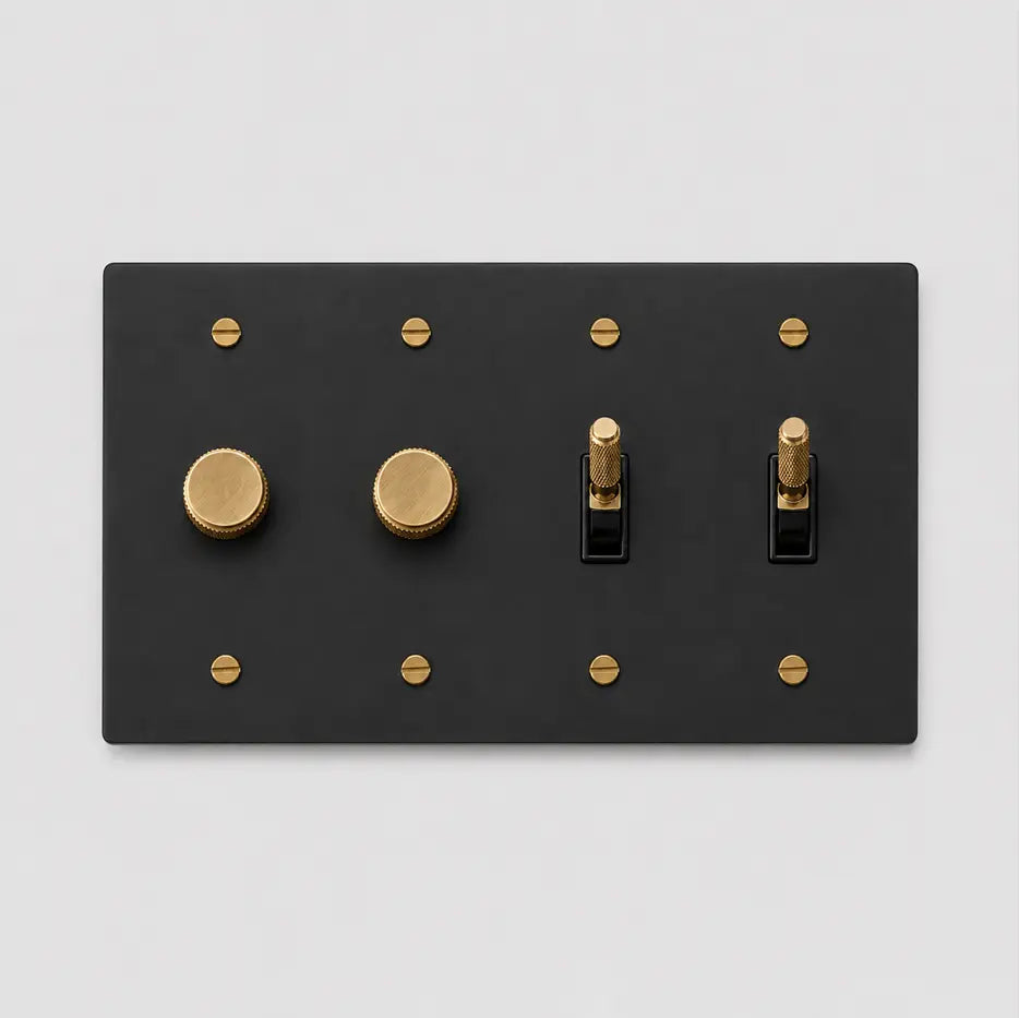 Custom 4 gang black light switch plate with 2 brass dimmers and 2 toggle switches