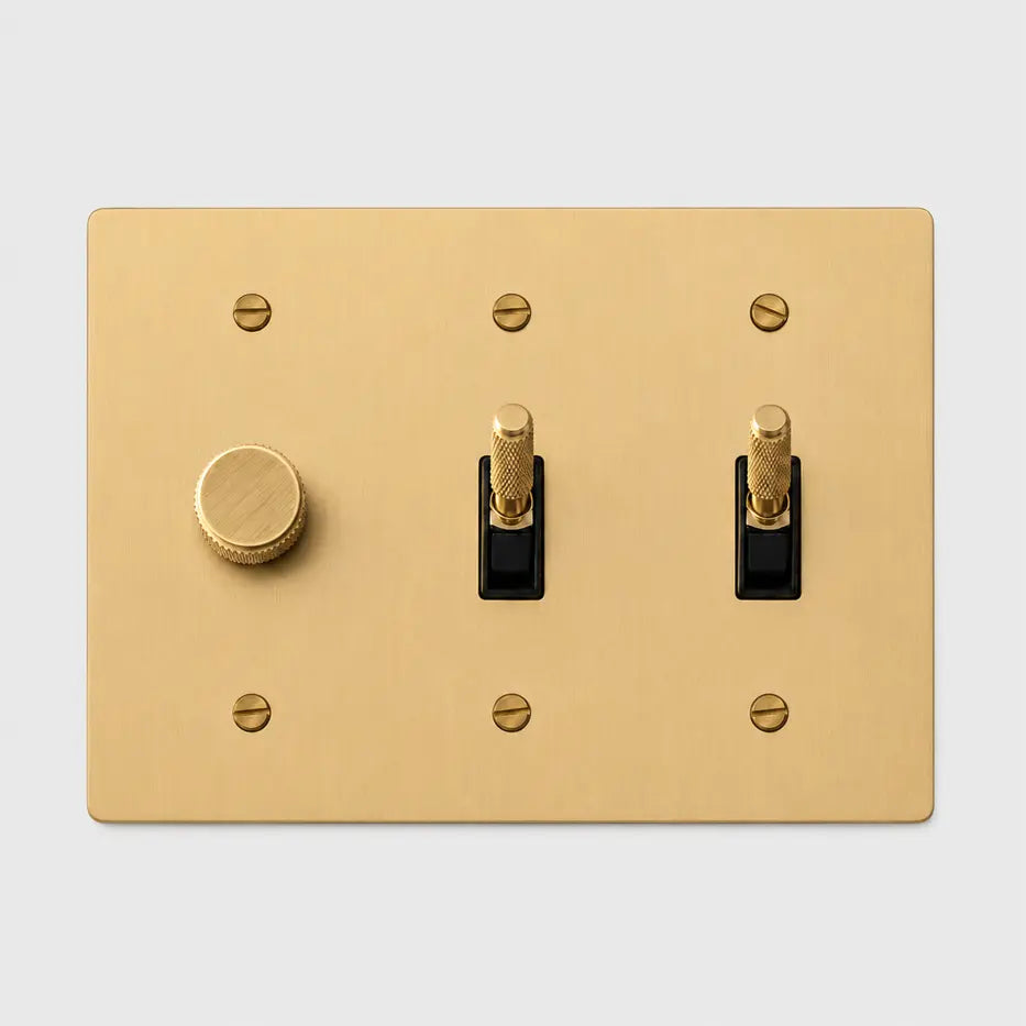 Custom 3 gang brass light switch plate with 1 dimmer and 2 toggle switches