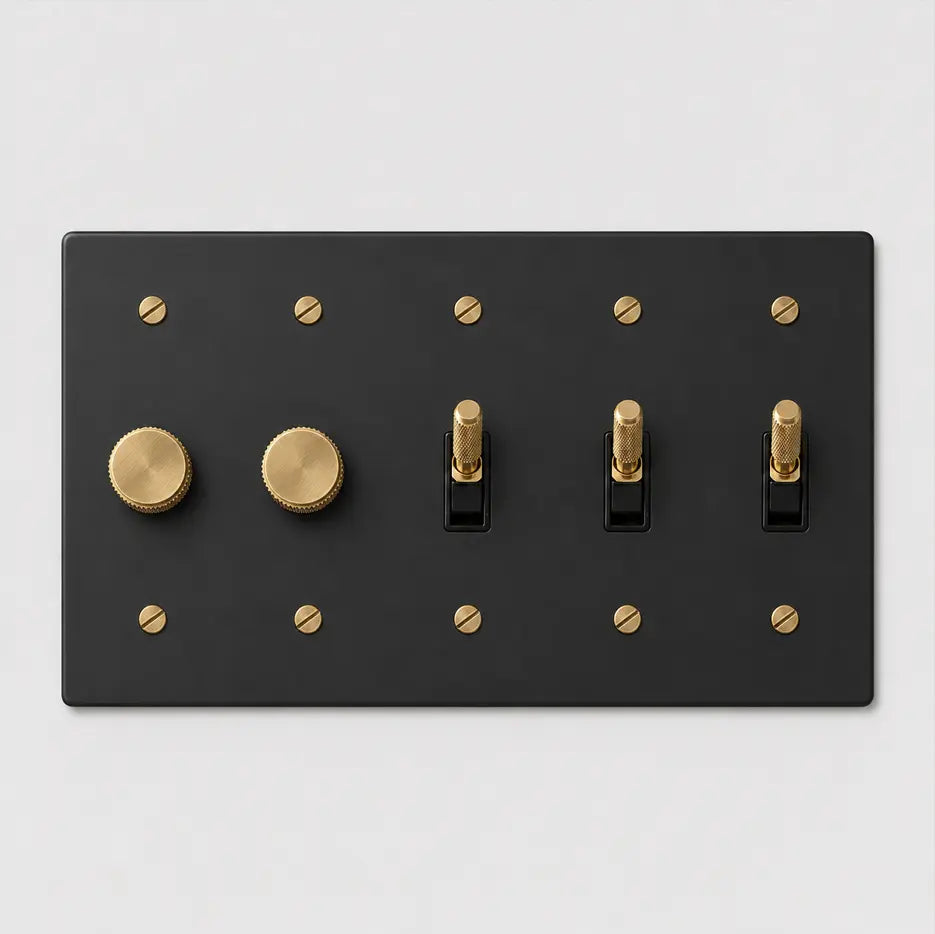 Custom 5 gang black switch plate with 2 dimmers and 3 aged brass toggle switches