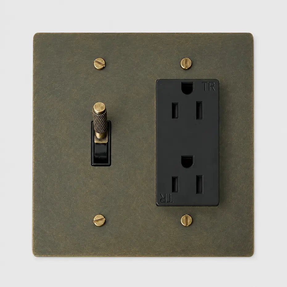 Custom antique brass switch plate with toggle switch and black electrical outlet