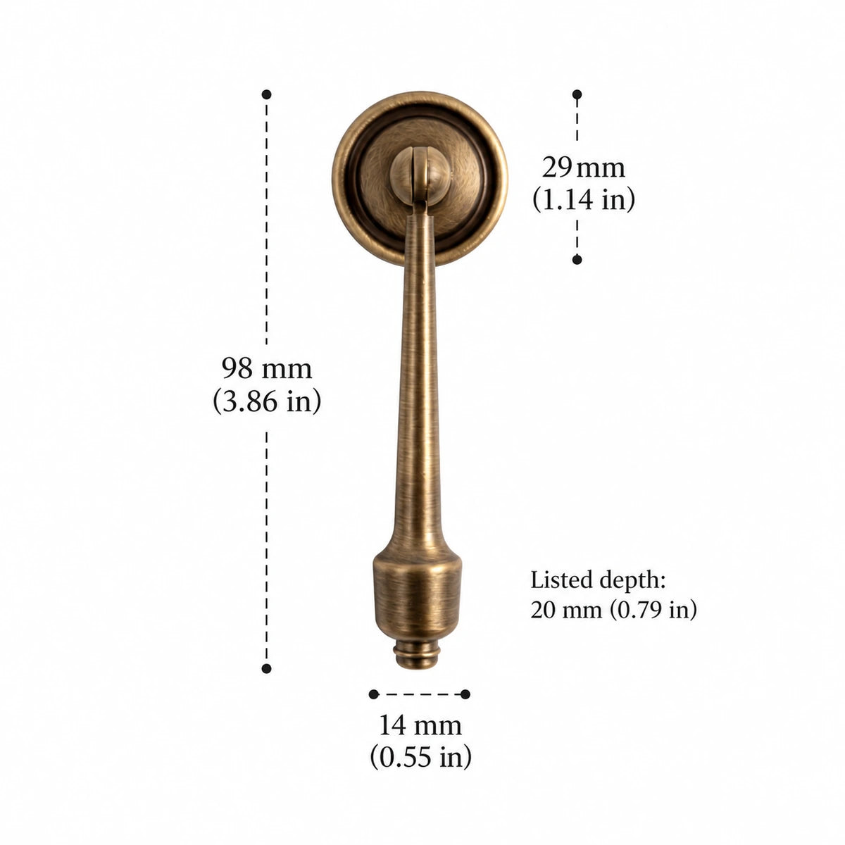 Pendant Pull — 3.86″ (98 mm) Length antique brass hardware dimensions in inches and mm