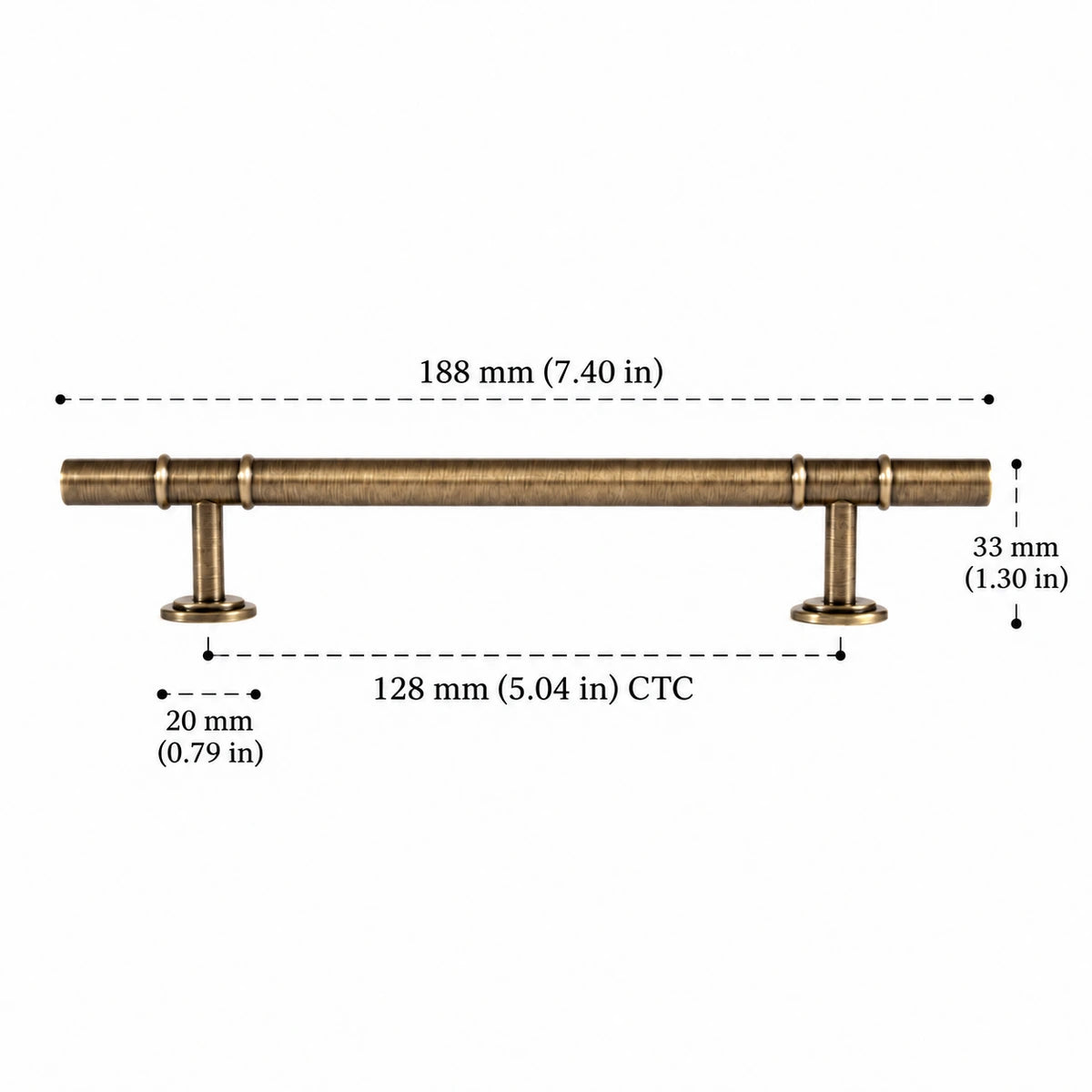 Bar Pull — 5.04″ (128 mm) CTC antique brass hardware dimensions in inches and mm