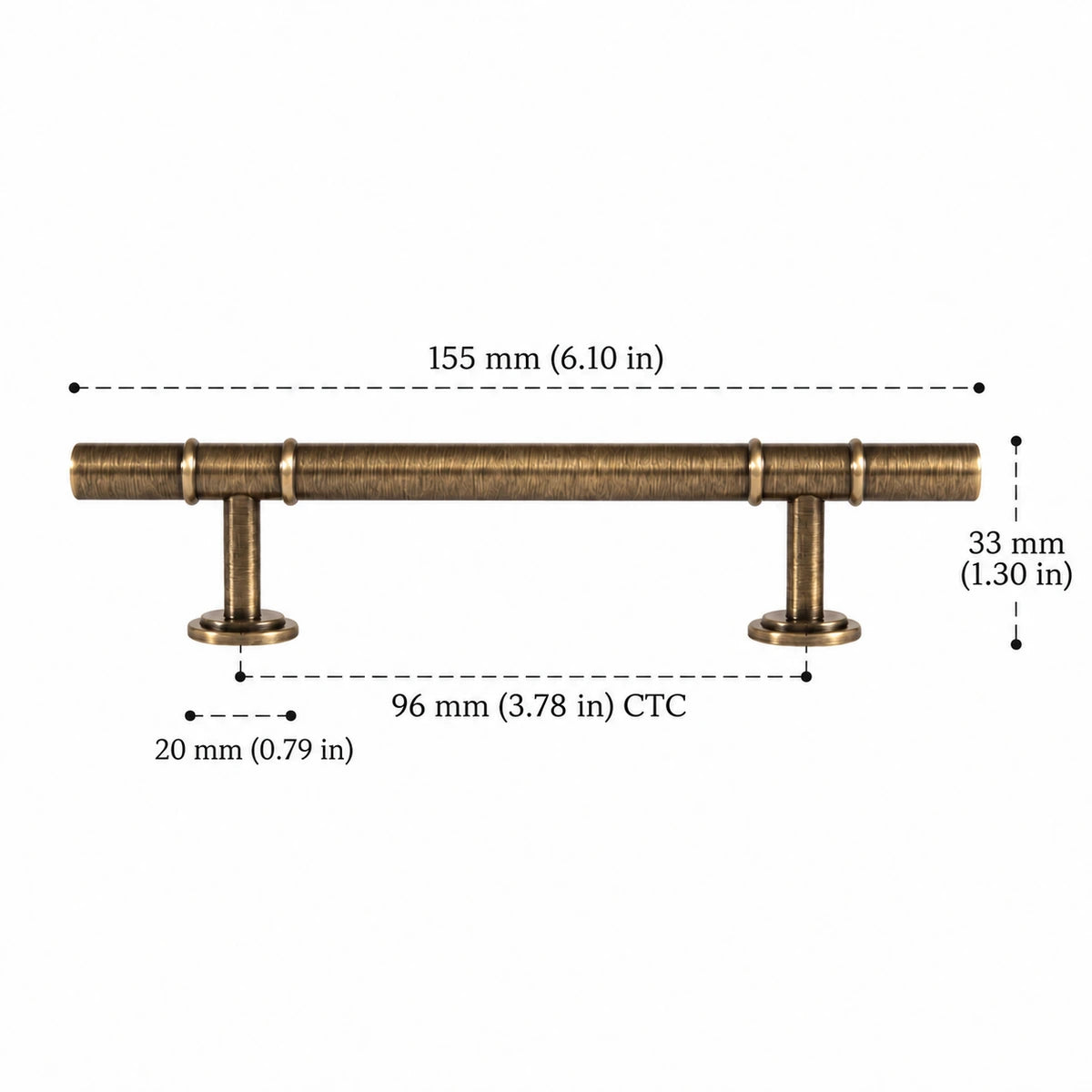 Bar Pull — 3.78″ (96 mm) CTC antique brass hardware dimensions in inches and mm