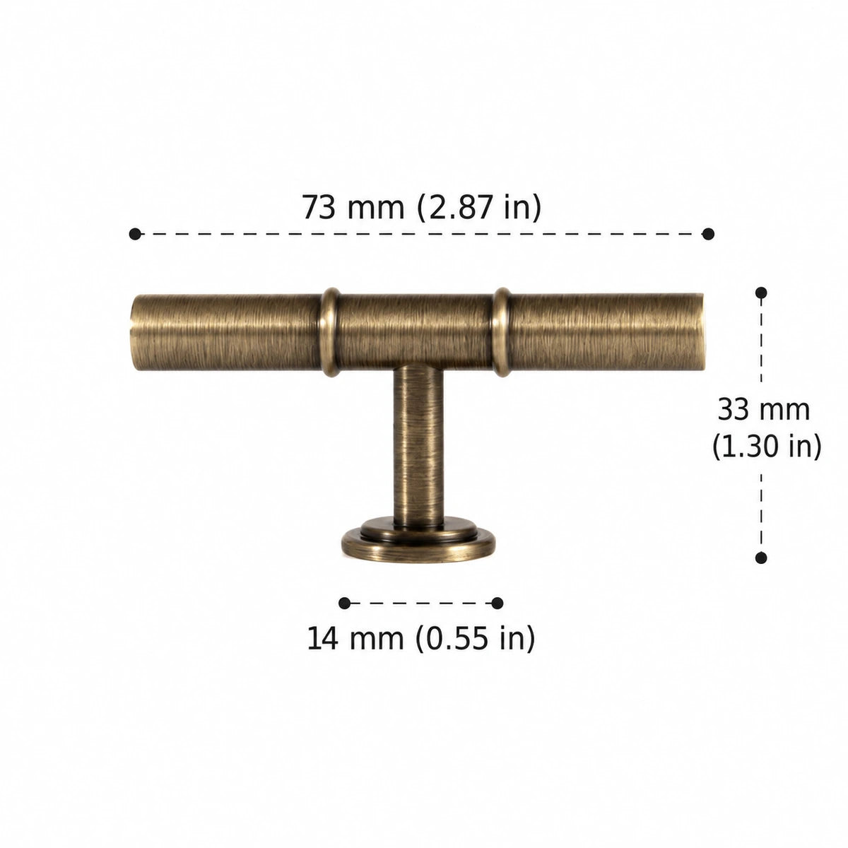 T-Knob — 2.87″ (73 mm) Length antique brass hardware dimensions in inches and mm