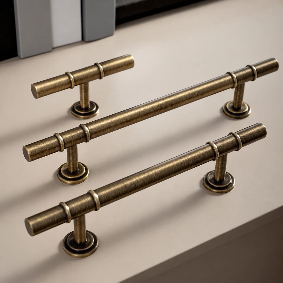 Double collar cabinet pulls and matching T-knob with stepped round bases