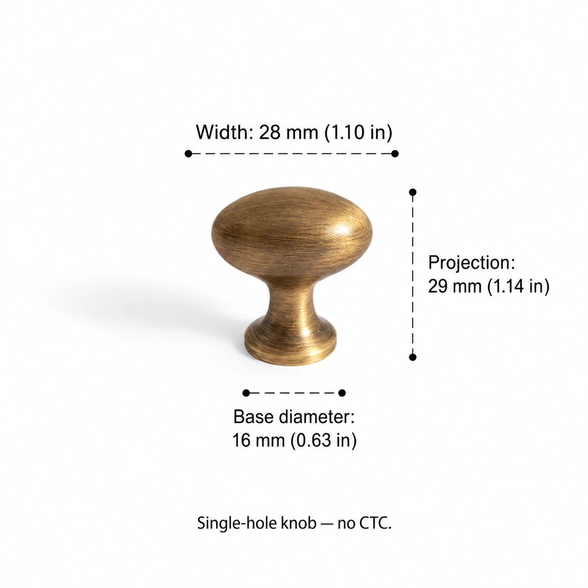 Small pedestal egg knob dimensions: 1.10 inch (28 mm) width and 1.14 inch (29 mm) projection