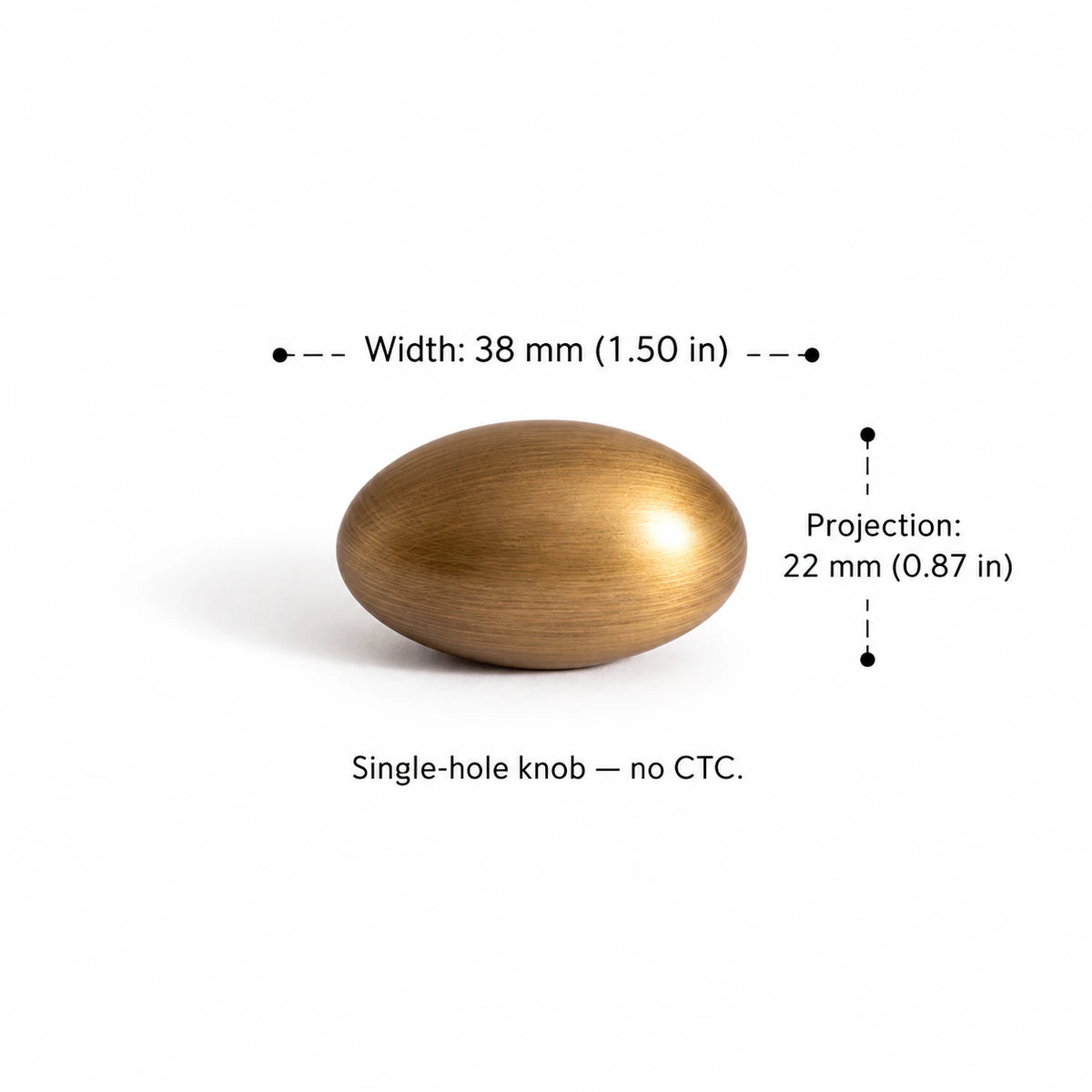 Stemless egg knob dimensions: 1.50 inch (38 mm) width and 0.87 inch (22 mm) projection