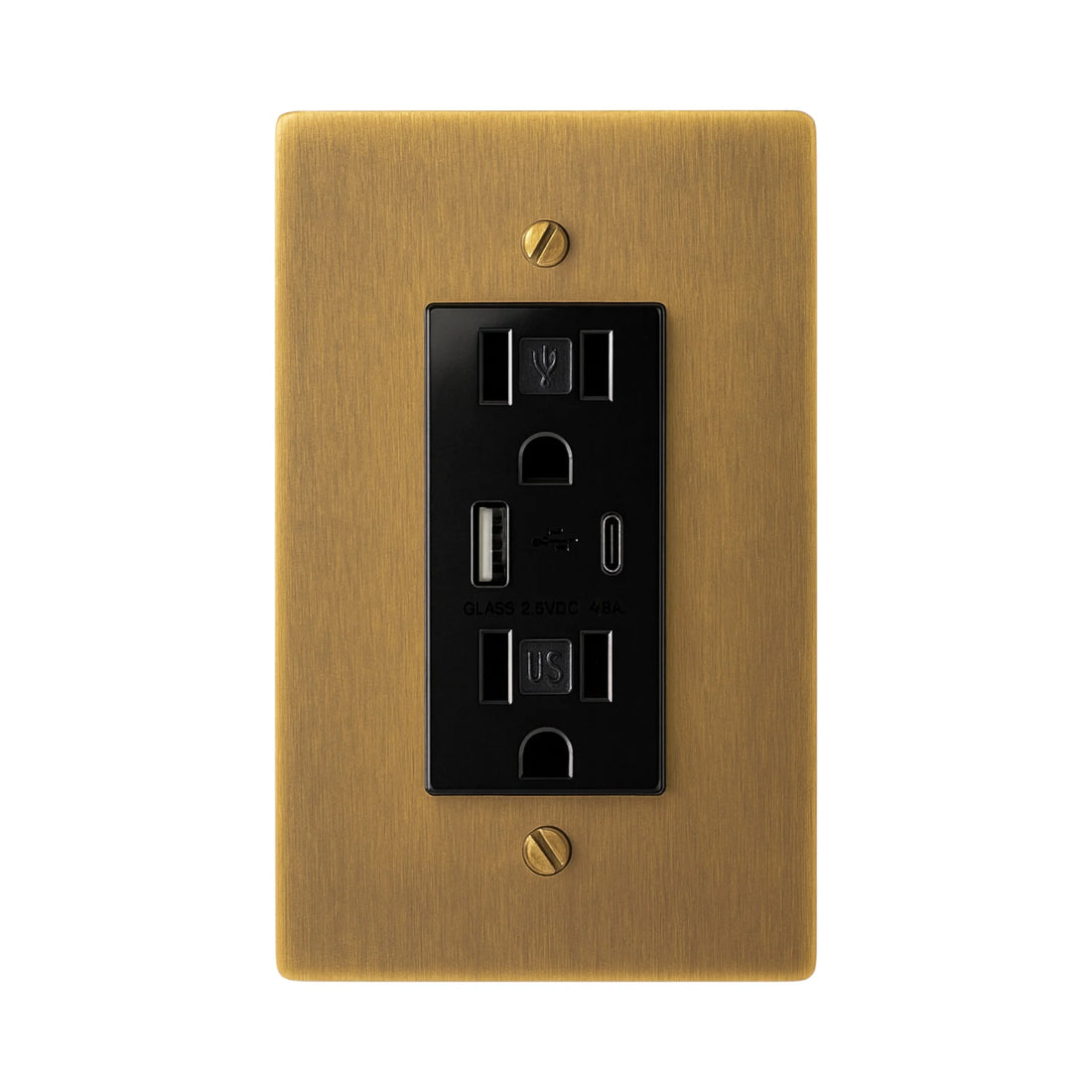 Antique brushed brass wall plate with black electrical outlet on a white background