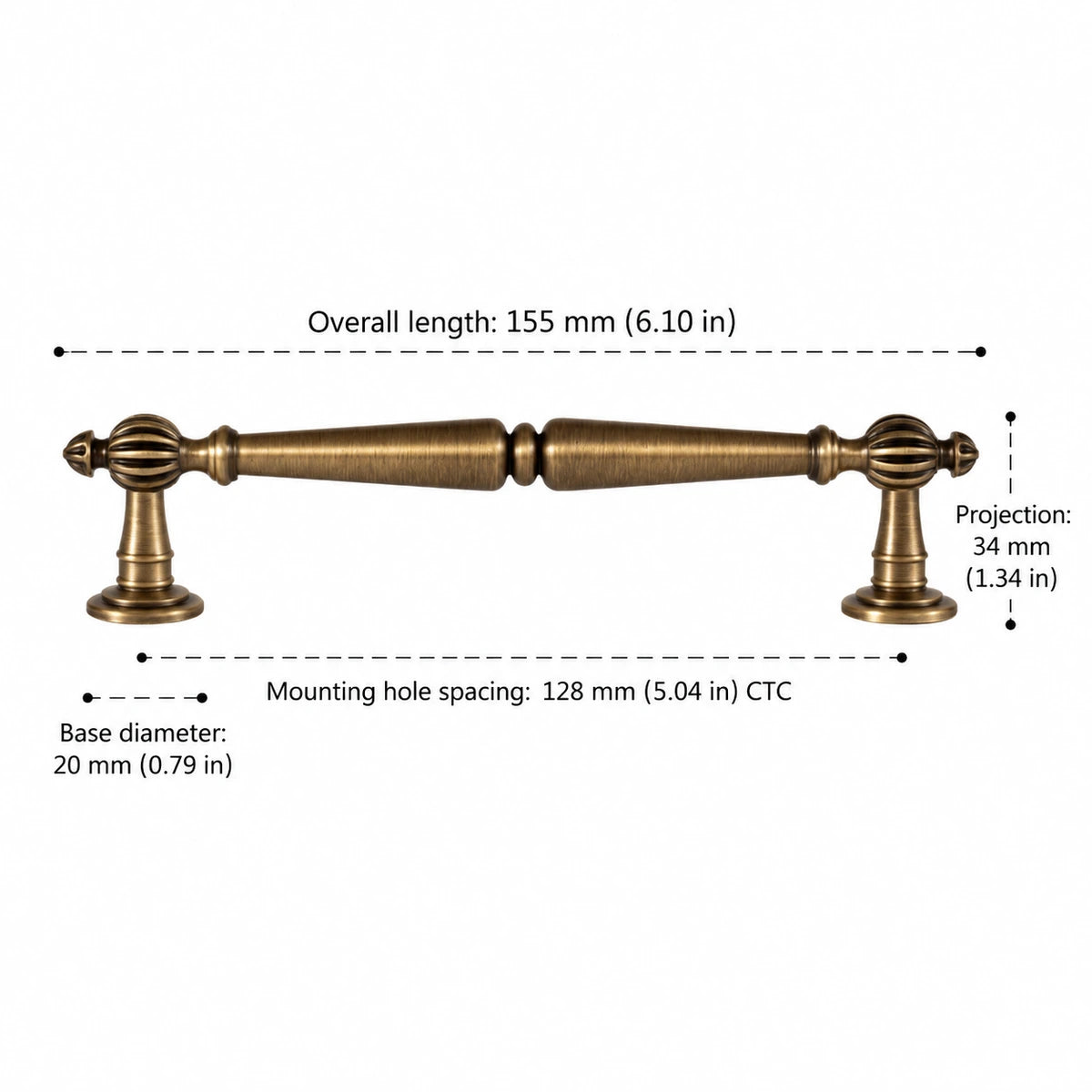 Fluted ball pull dimensions: 5.04 inch (128 mm) CTC and 6.10 inch (155 mm) length