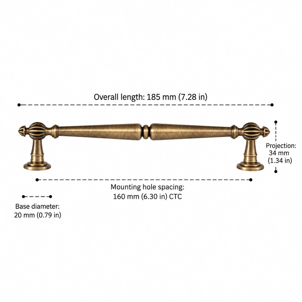 Fluted ball pull dimensions: 6.30 inch (160 mm) CTC and 7.28 inch (185 mm) length