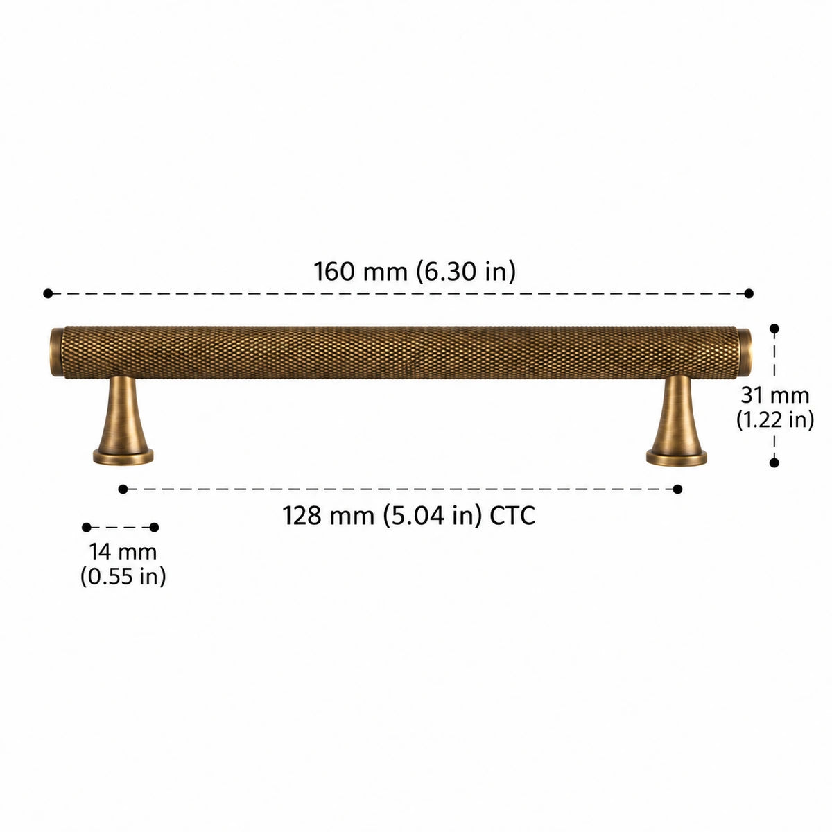 Full knurled antique brass pull 5.04″ (128 mm) CTC dimension diagram in inches and mm
