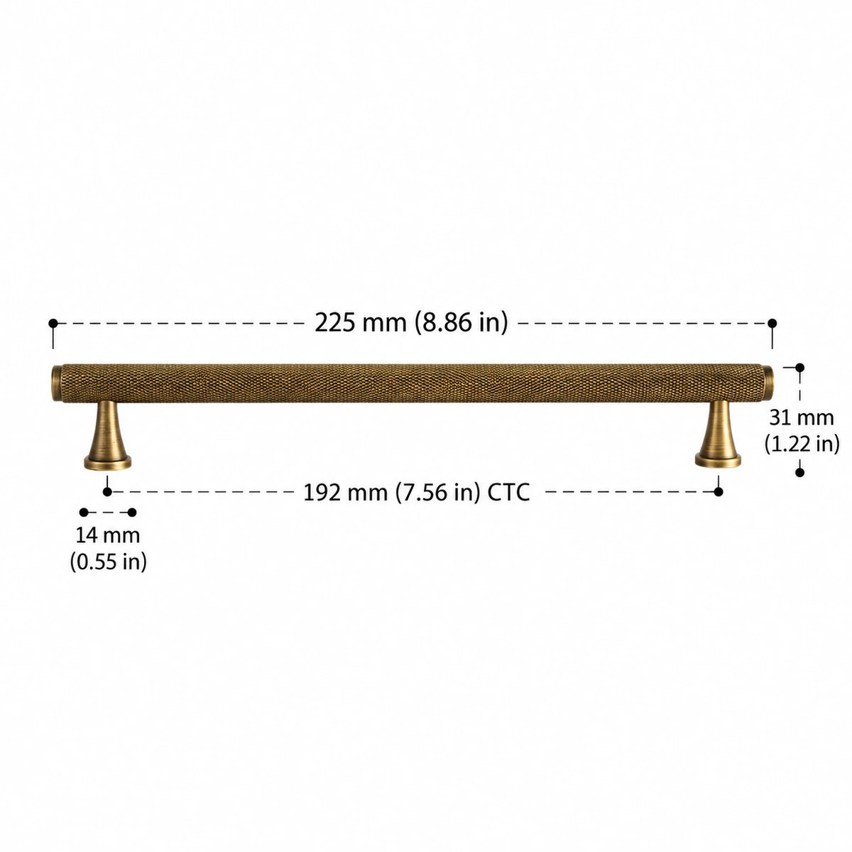 Full knurled antique brass pull 7.56″ (192 mm) CTC dimension diagram in inches and mm