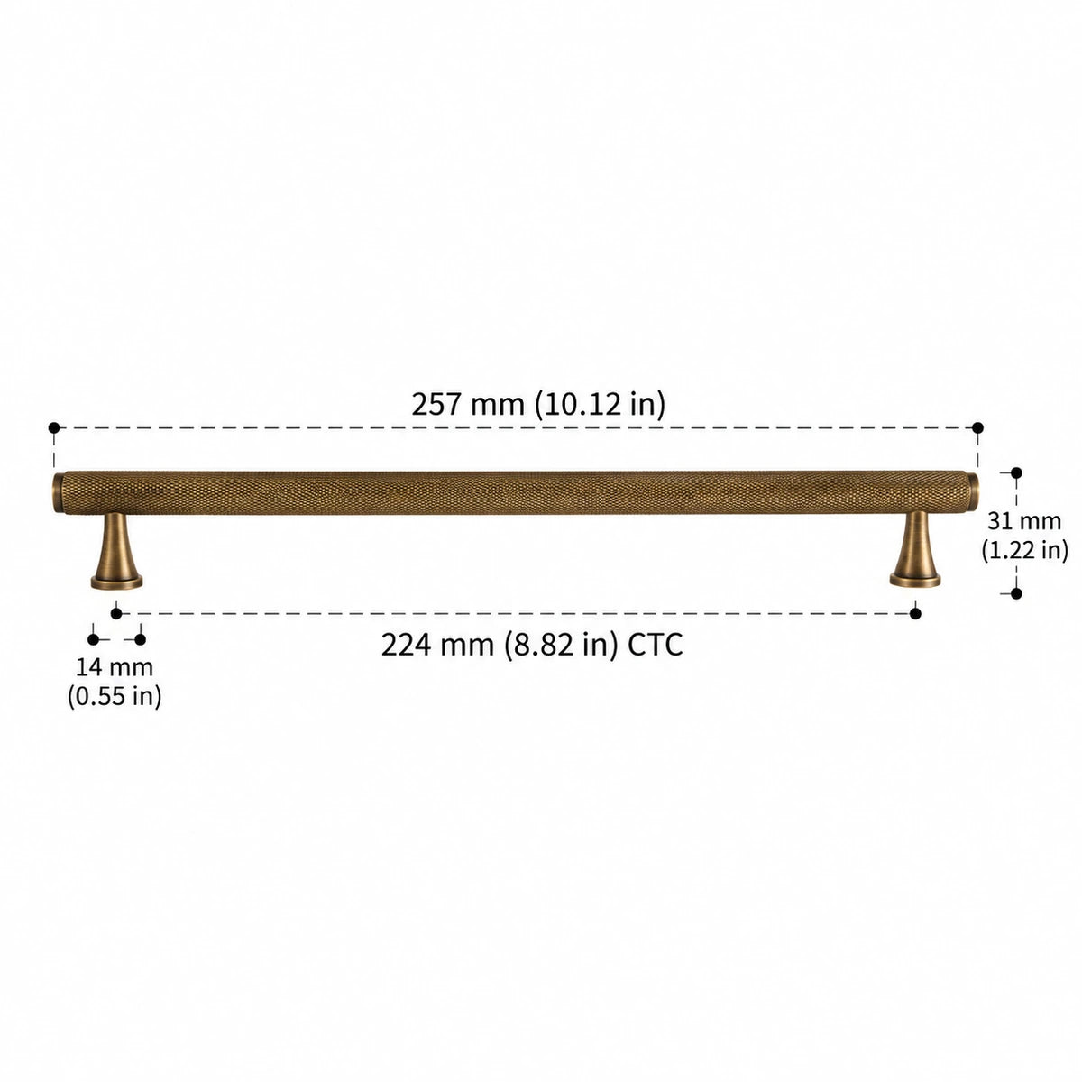 Full knurled antique brass pull 8.82″ (224 mm) CTC dimension diagram in inches and mm