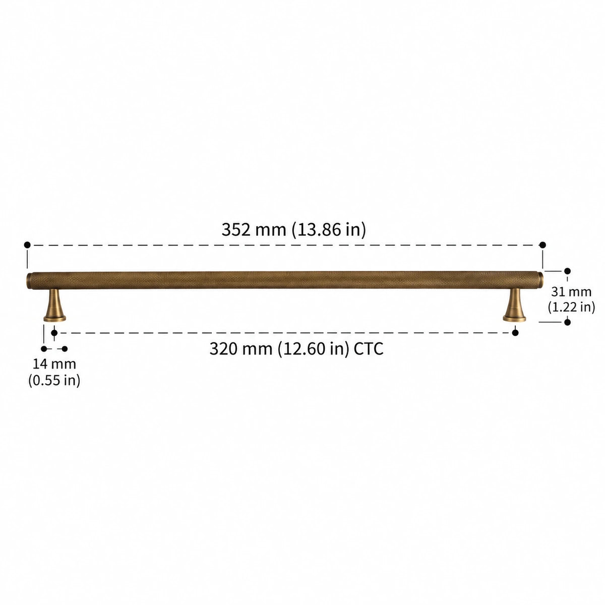 Full knurled antique brass pull 12.60″ (320 mm) CTC dimension diagram in inches and mm