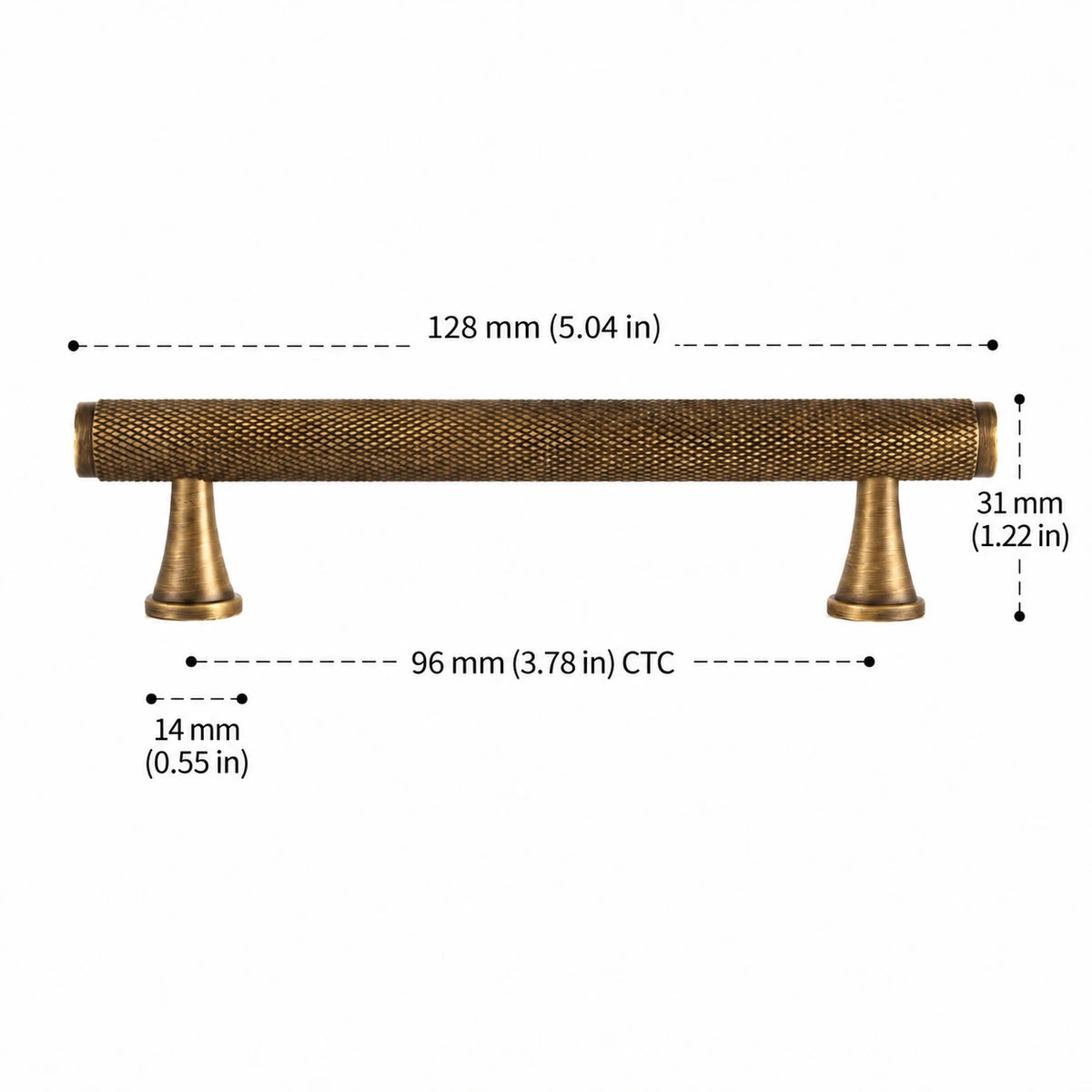 Full knurled antique brass pull 3.78″ (96 mm) CTC dimension diagram in inches and mm