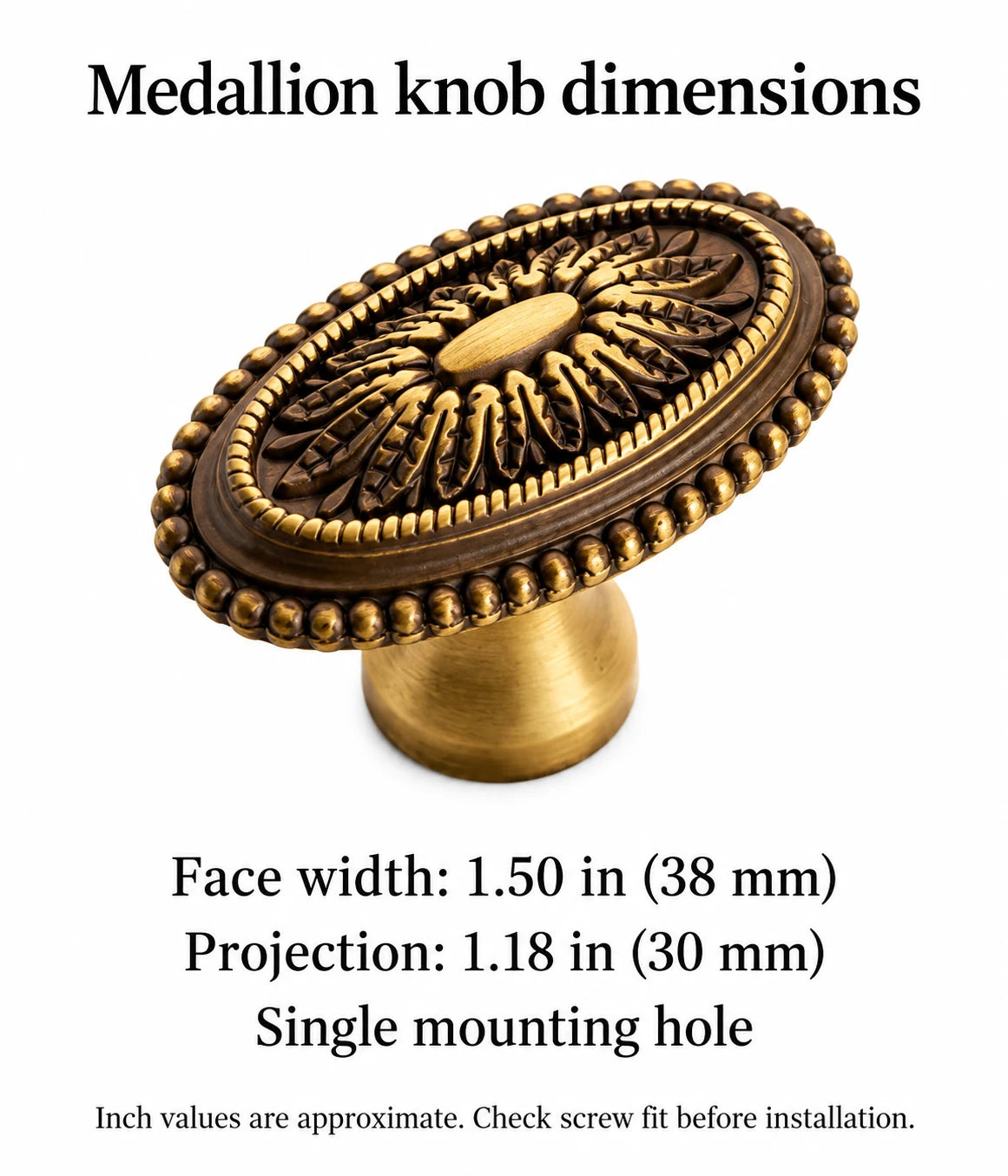 Medallion knob dimensions: 38 mm face width and 30 mm projection with inch conversions