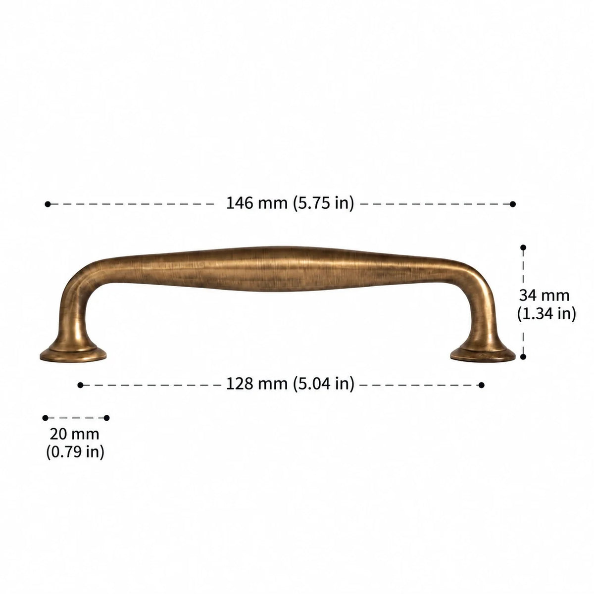 Antique brushed brass arched cabinet pull with 128 mm (5.04 in) hole spacing, 146 mm (5.75 in) overall length, 34 mm (1.34 in) projection and 20 mm (0.79 in) base