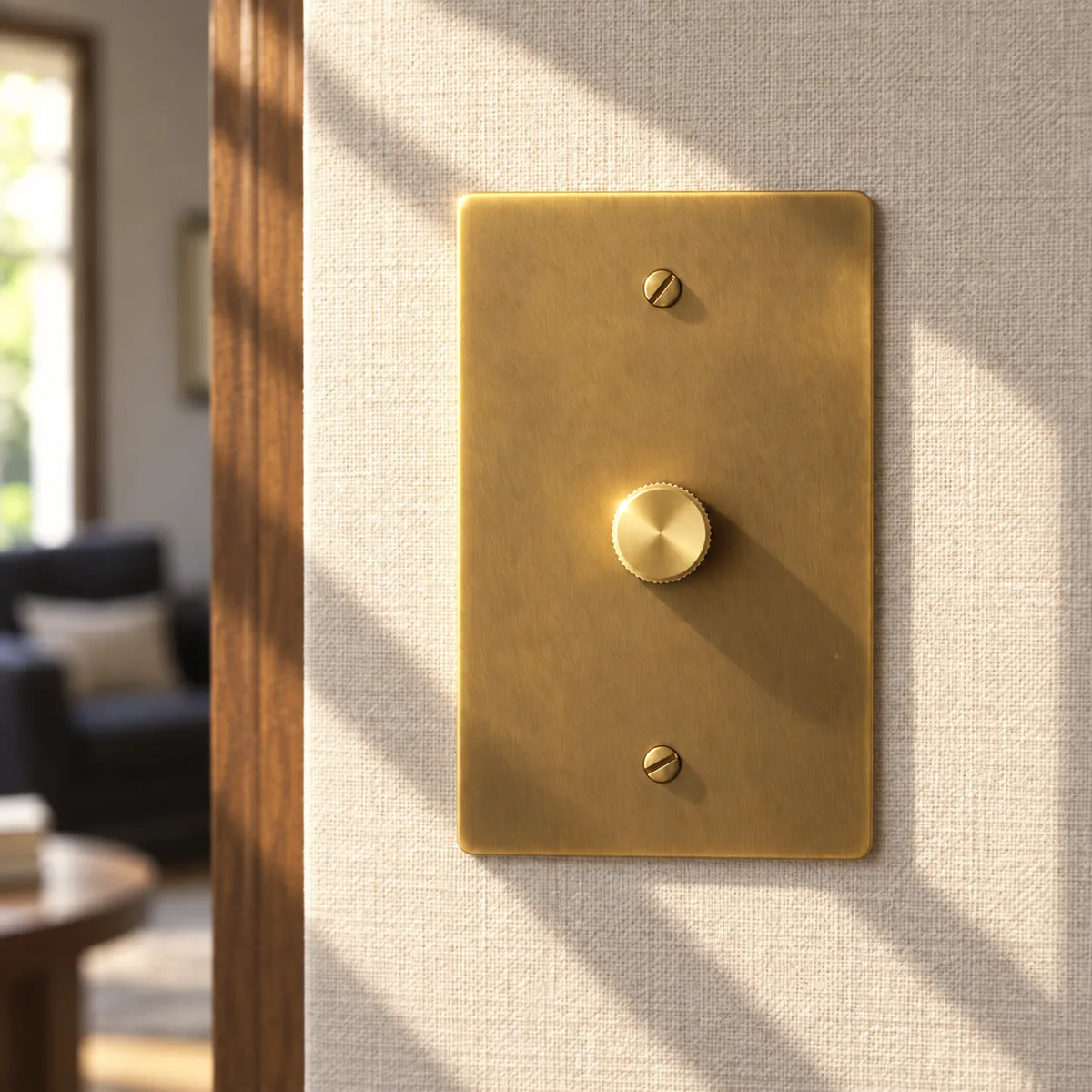 Antique brass single-gang rotary dimmer with matching knob and slotted screws, installed on a cream textured wall in warm sunlight.