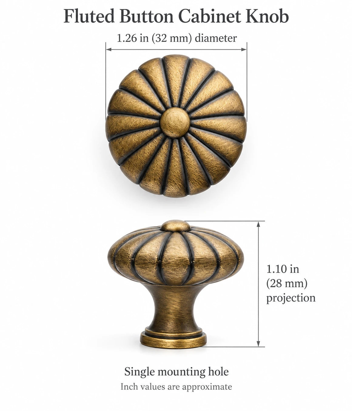 Fluted button cabinet knob dimensions: 1.26 in (32 mm) diameter and 1.10 in (28 mm) projection