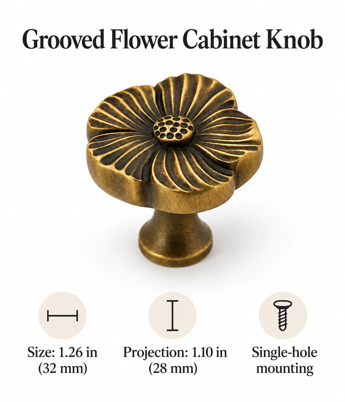 Flower knob size 1.26 in (32 mm) and projection 1.10 in (28 mm)