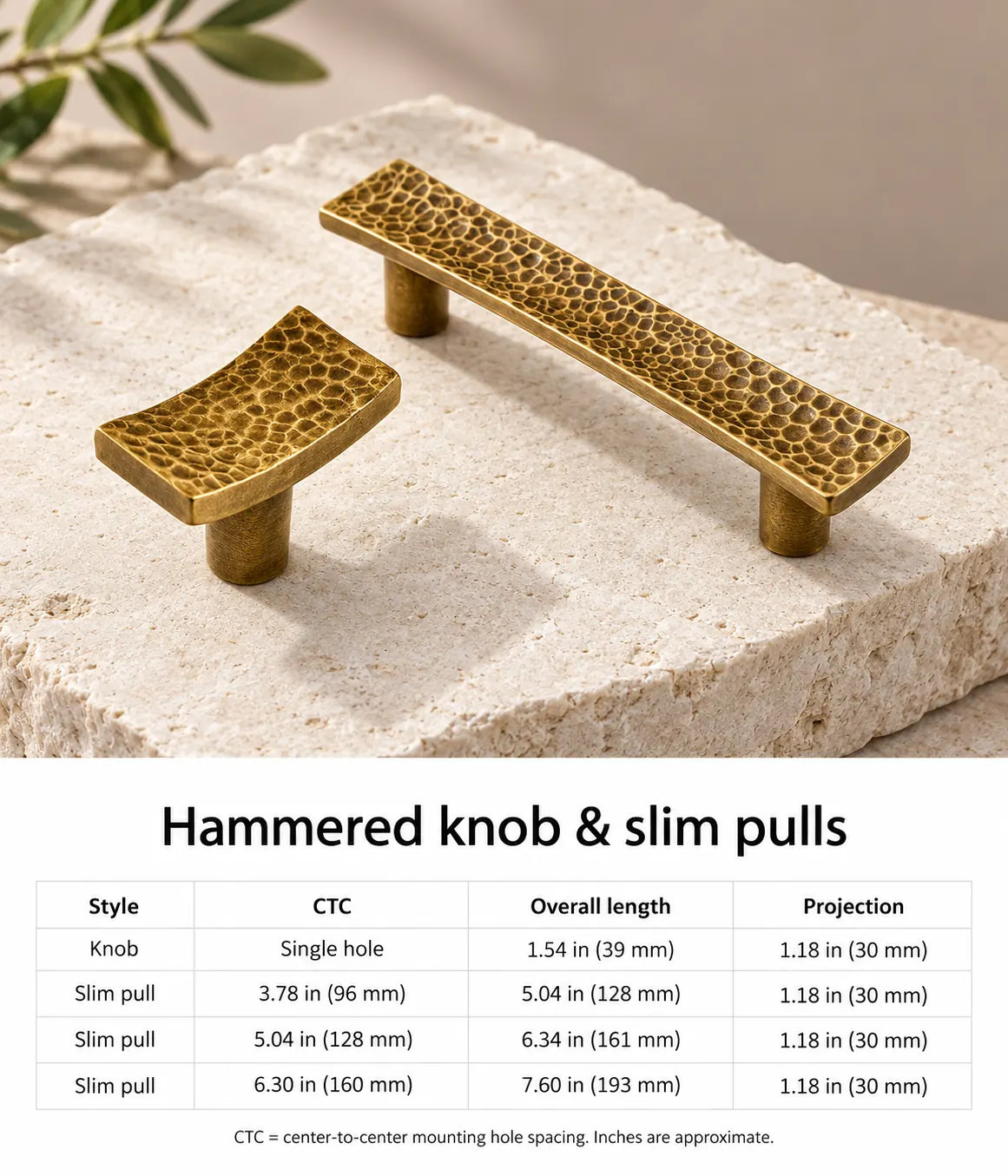Hammered knob and slim pull size chart with 96, 128 and 160 mm CTC and inch conversions