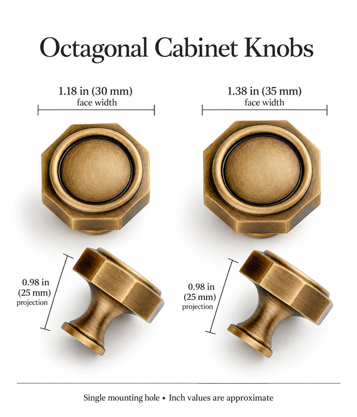Octagonal knob dimensions: 30 mm and 35 mm face widths with 25 mm projection, in inches and mm