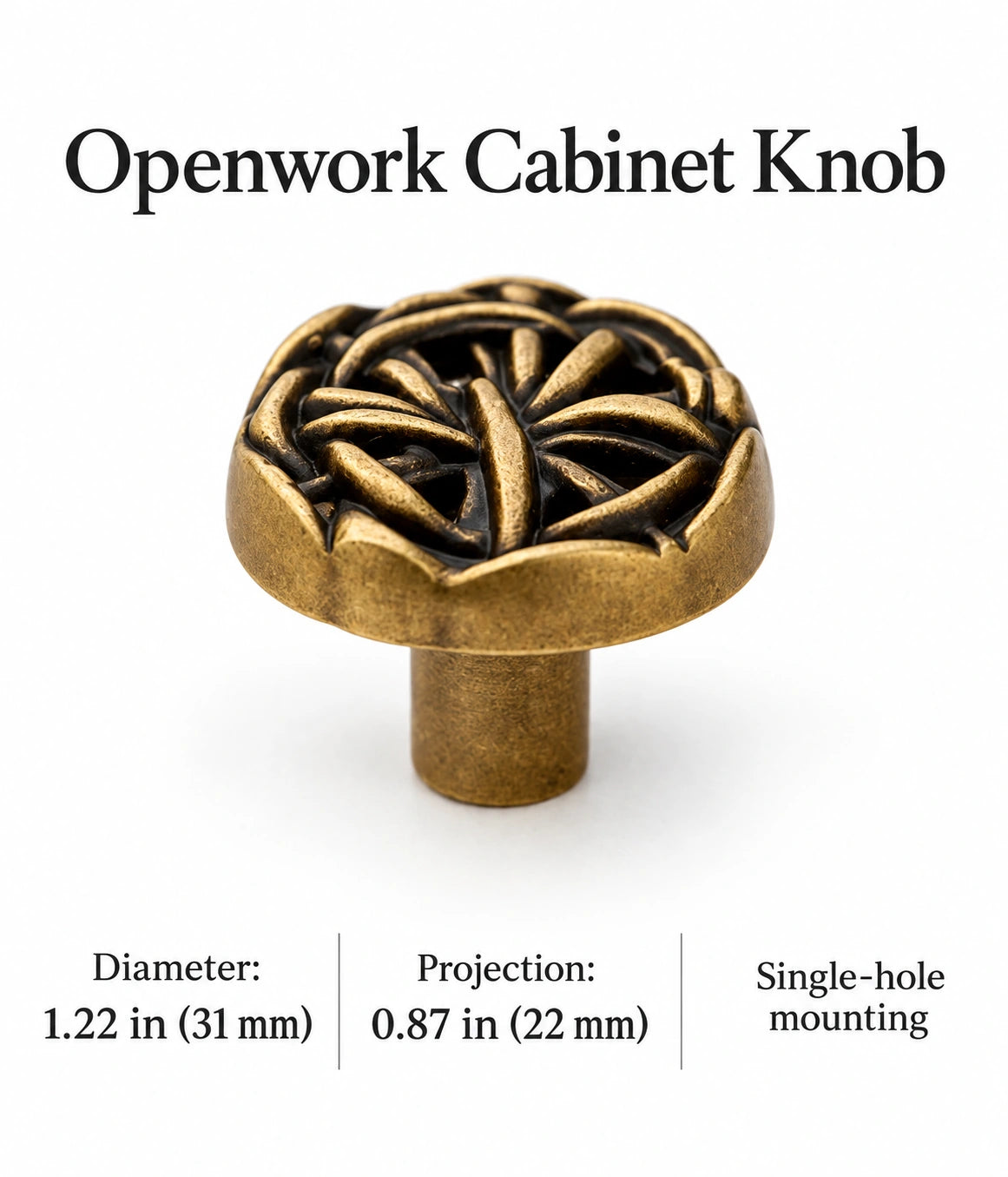 Openwork cabinet knob dimensions: 1.22 in (31 mm) diameter, 0.87 in (22 mm) projection