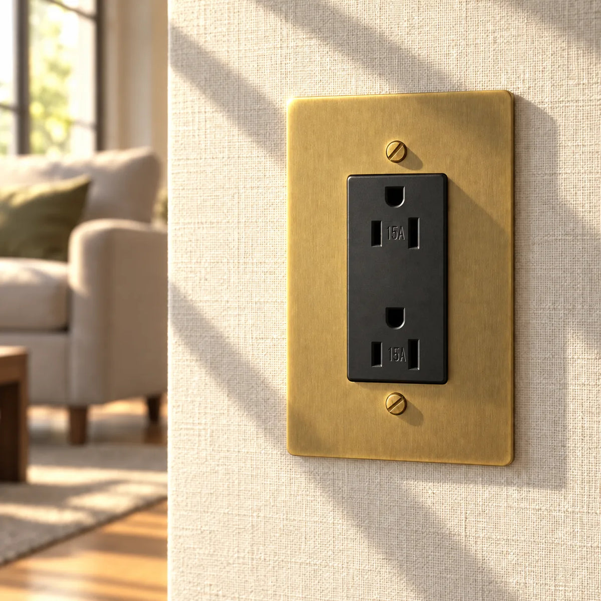 Antique brass duplex outlet with black 15A receptacles and matching screws, installed on a sunlit cream wall beside a softly blurred seating area.