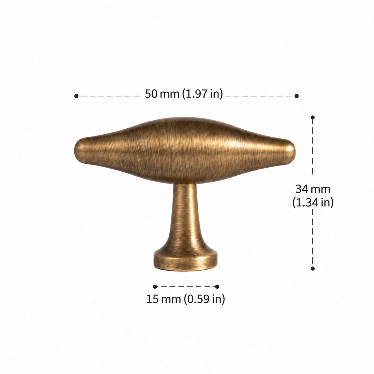 Antique brushed brass oval T-knob with 50 mm (1.97 in) length, 34 mm (1.34 in) projection and 15 mm (0.59 in) base