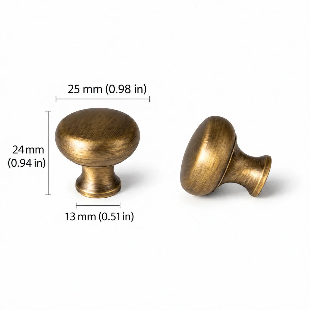 Antique brushed brass round cabinet knob with 25 mm (0.98 in) diameter, 24 mm (0.94 in) projection and 13 mm (0.51 in) base