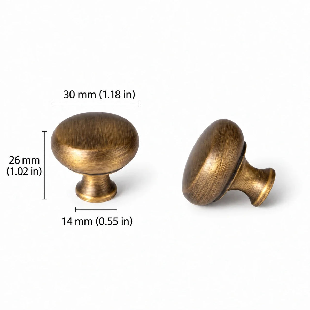 Antique brushed brass round cabinet knob with 30 mm (1.18 in) diameter, 26 mm (1.02 in) projection and 14 mm (0.55 in) base