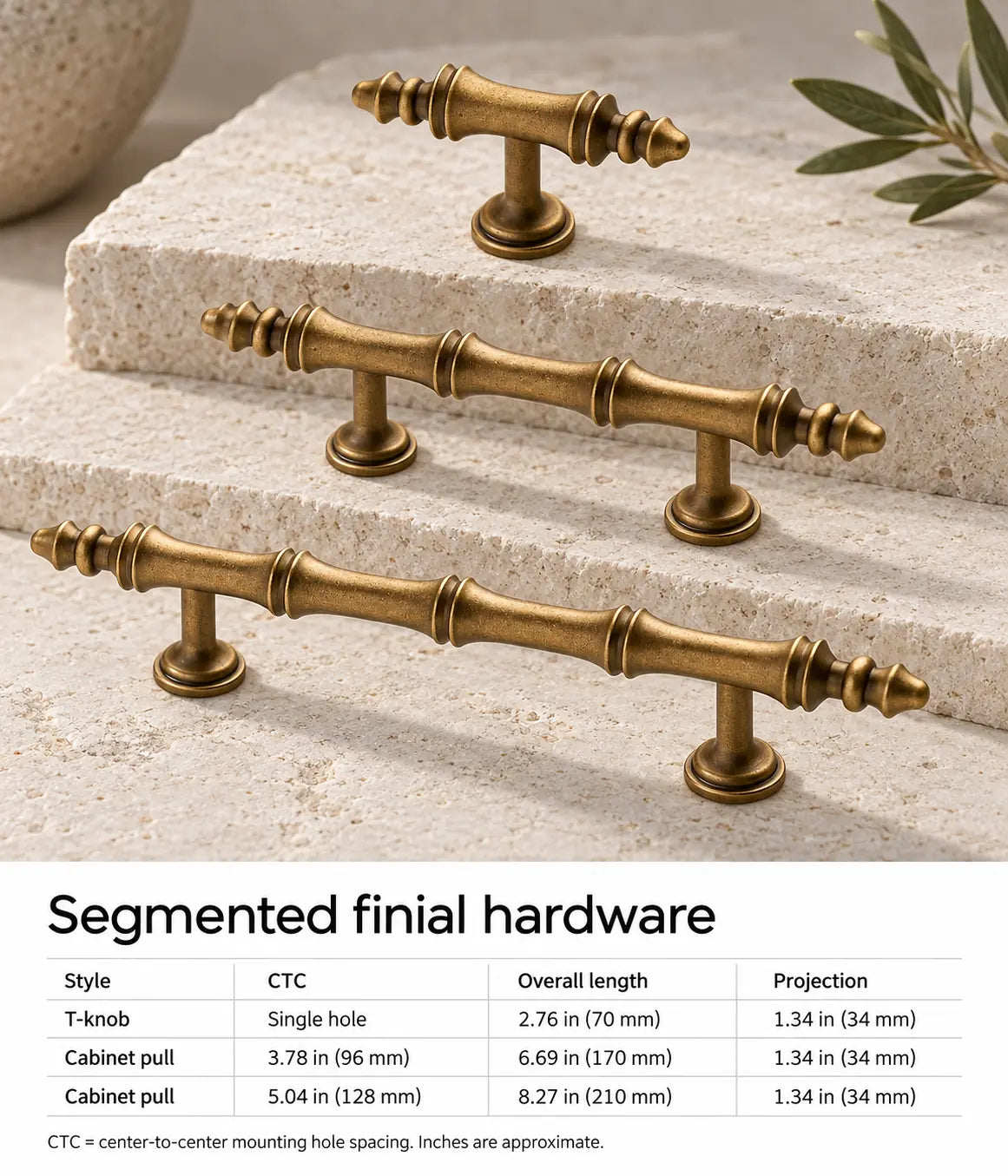 Segmented-finial hardware dimensions: 70 mm T-knob, 96 and 128 mm CTC pulls with inch measurements
