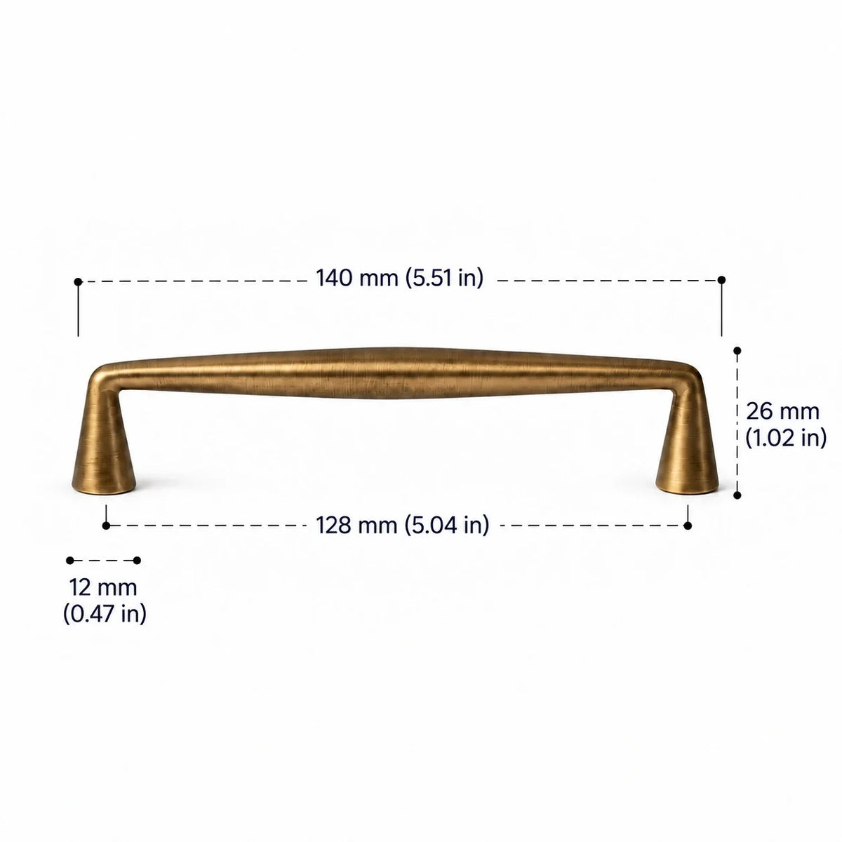 Solid brass tapered pull in antique brushed brass, 128 mm (5.04 in) hole spacing and 140 mm (5.51 in) overall length