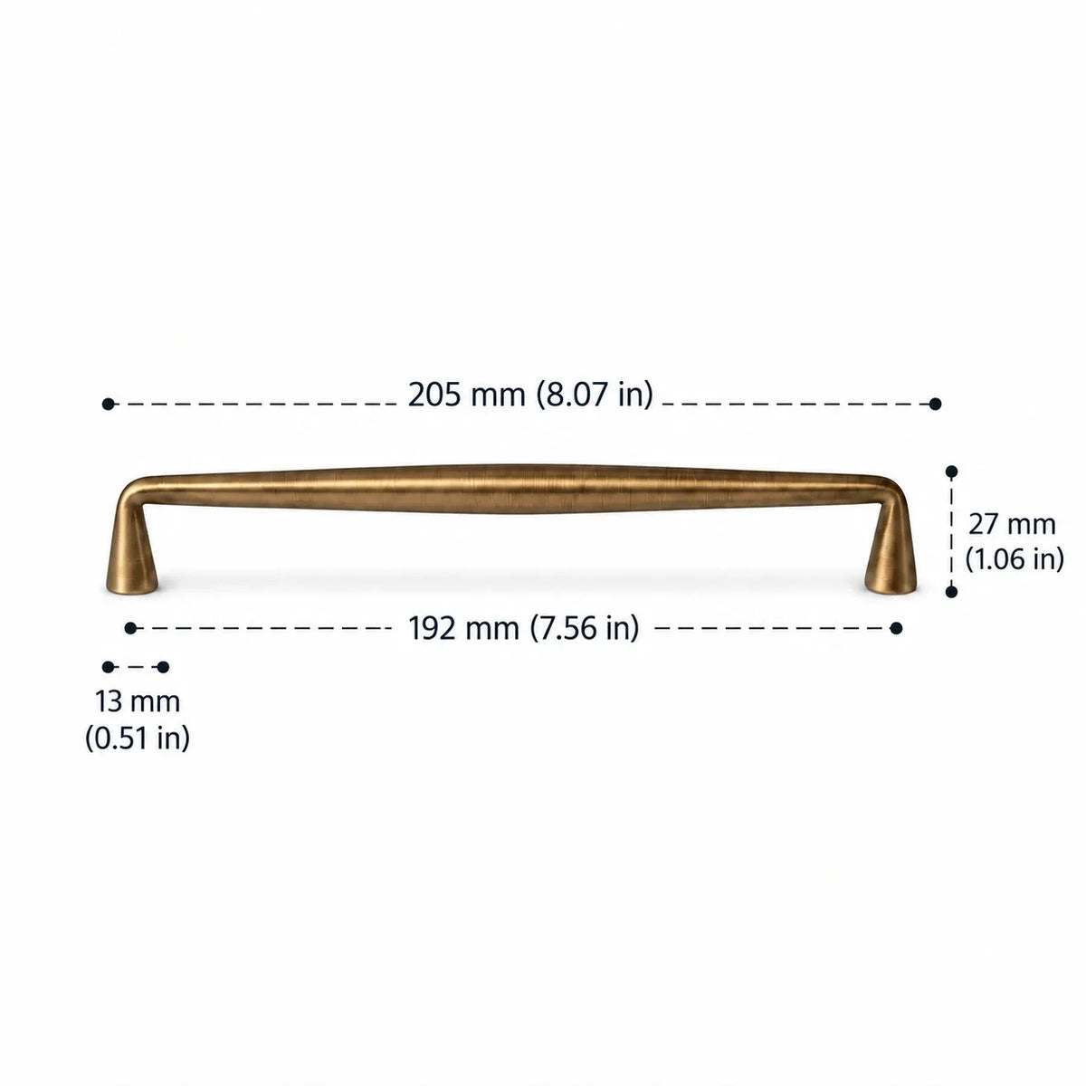 Solid brass tapered pull in antique brushed brass, 192 mm (7.56 in) hole spacing and 205 mm (8.07 in) overall length