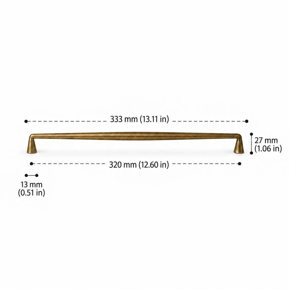 Solid brass tapered pull in antique brushed brass, 320 mm (12.60 in) hole spacing and 333 mm (13.11 in) overall length