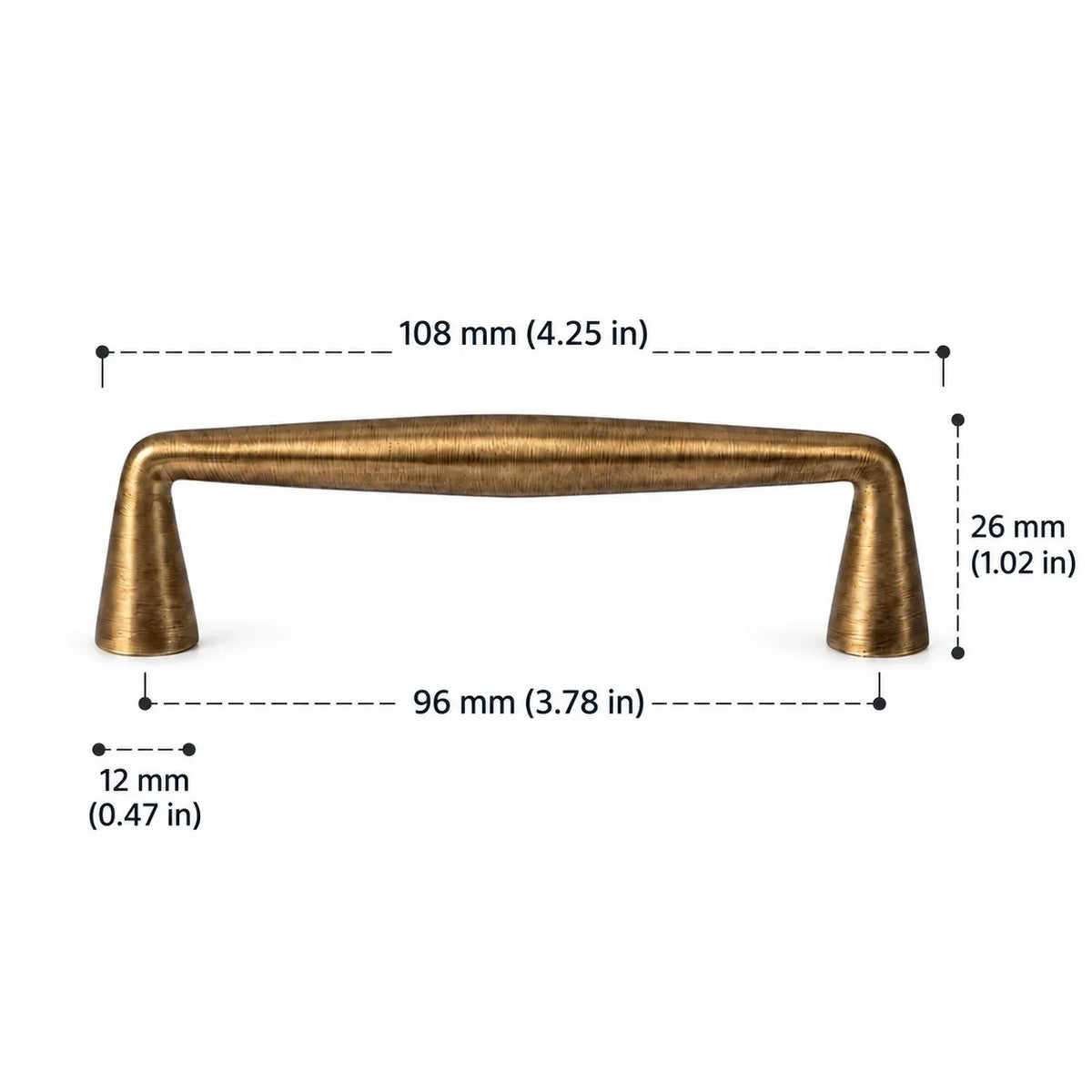 Solid brass tapered pull in antique brushed brass, 96 mm (3.78 in) hole spacing and 108 mm (4.25 in) overall length