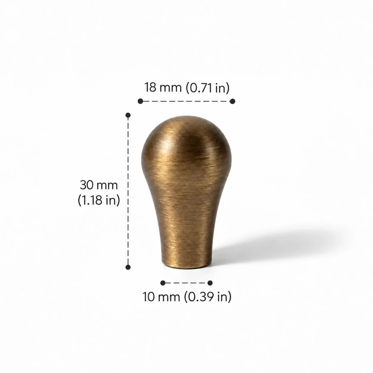 Solid brass teardrop knob in antique brushed brass, 18 mm (0.71 in) diameter with 30 mm (1.18 in) projection