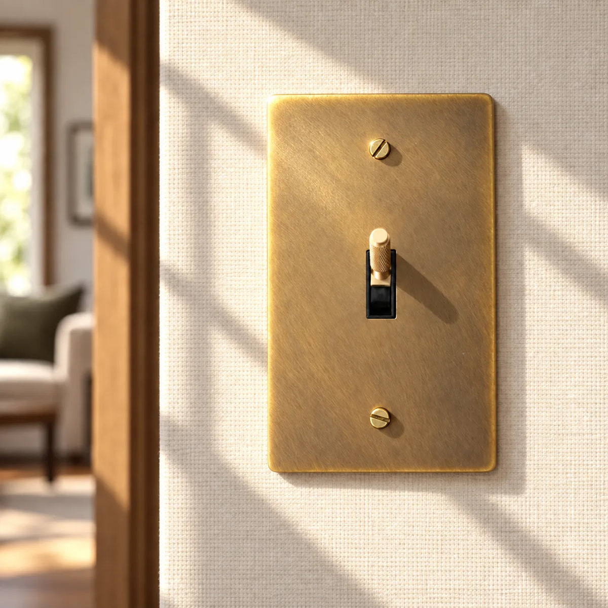 Antique brass single-gang knurled toggle switch with black insert and matching screws, installed on a cream wall with sunlight and window shadows.