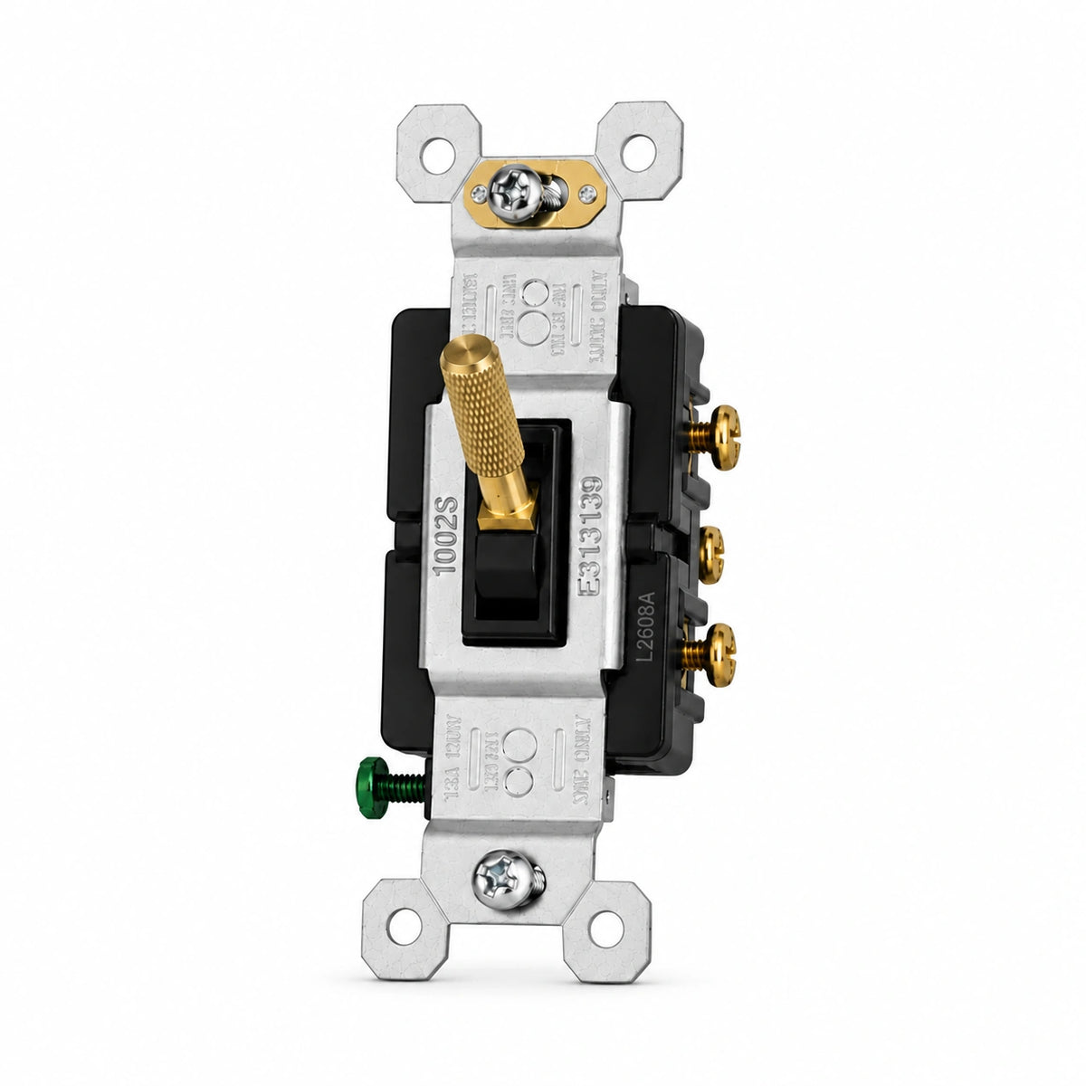 Satin Brass knurled toggle switch replacement with black frame — individual front view