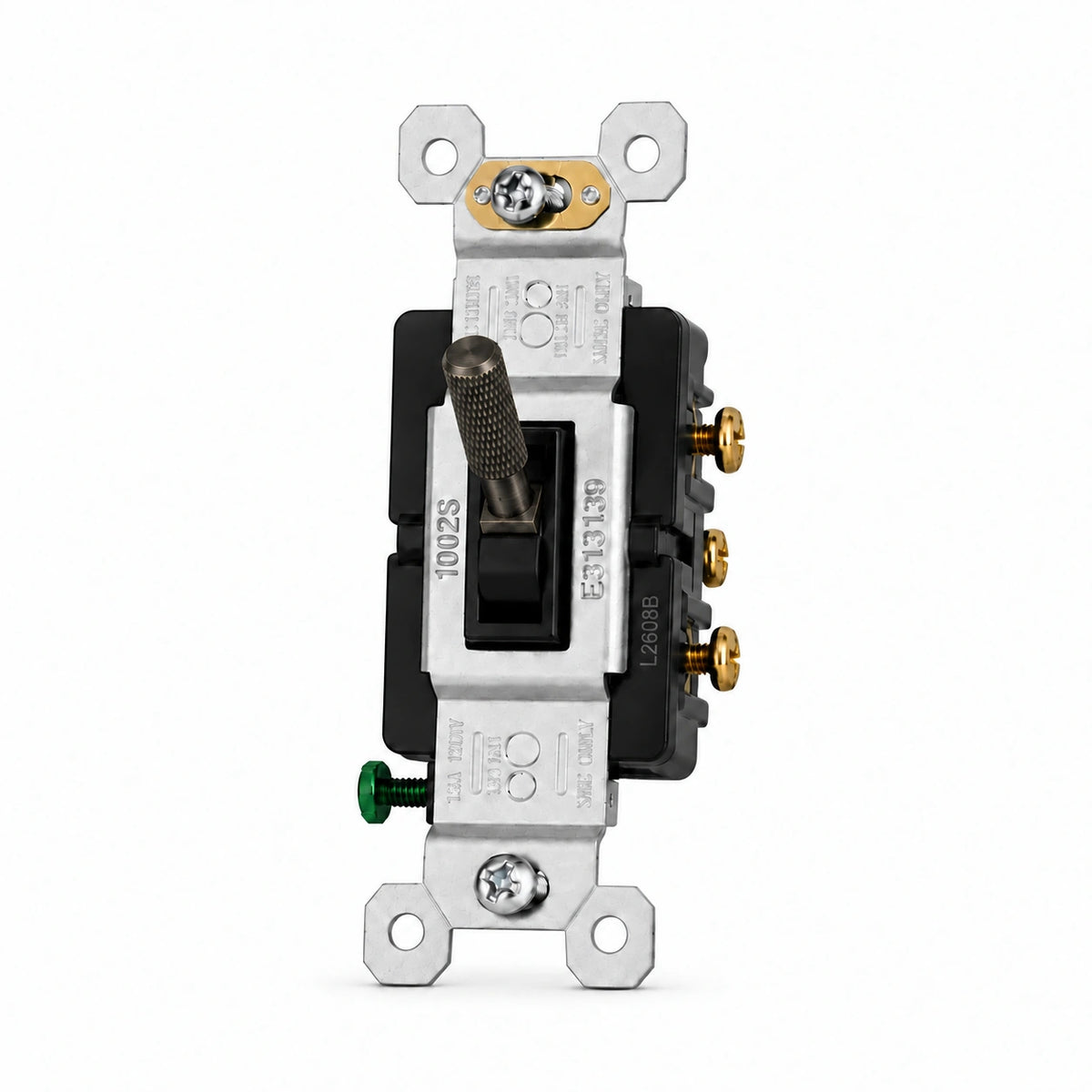 Aged Bronze (Hand-Brushed) knurled toggle switch replacement with black frame — individual front view