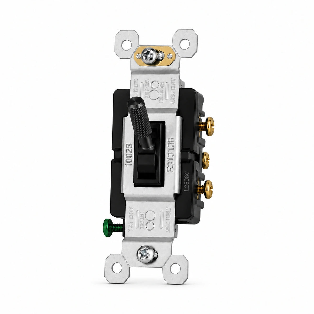 Black knurled toggle switch replacement with black frame — individual front view