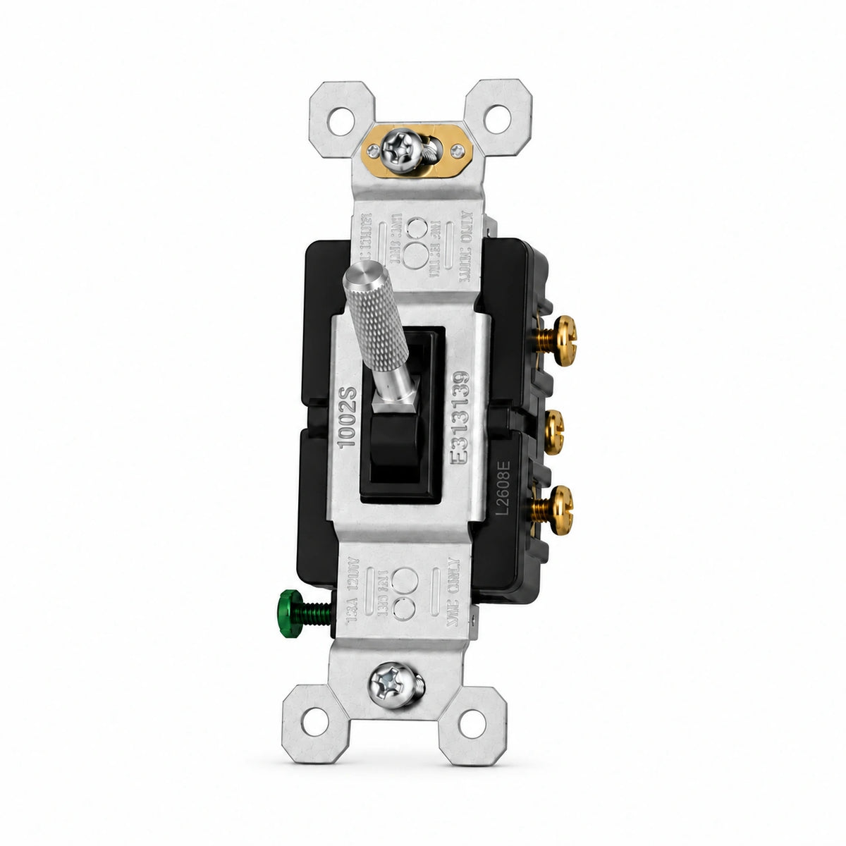 Stainless Steel knurled toggle switch replacement with black frame — individual front view