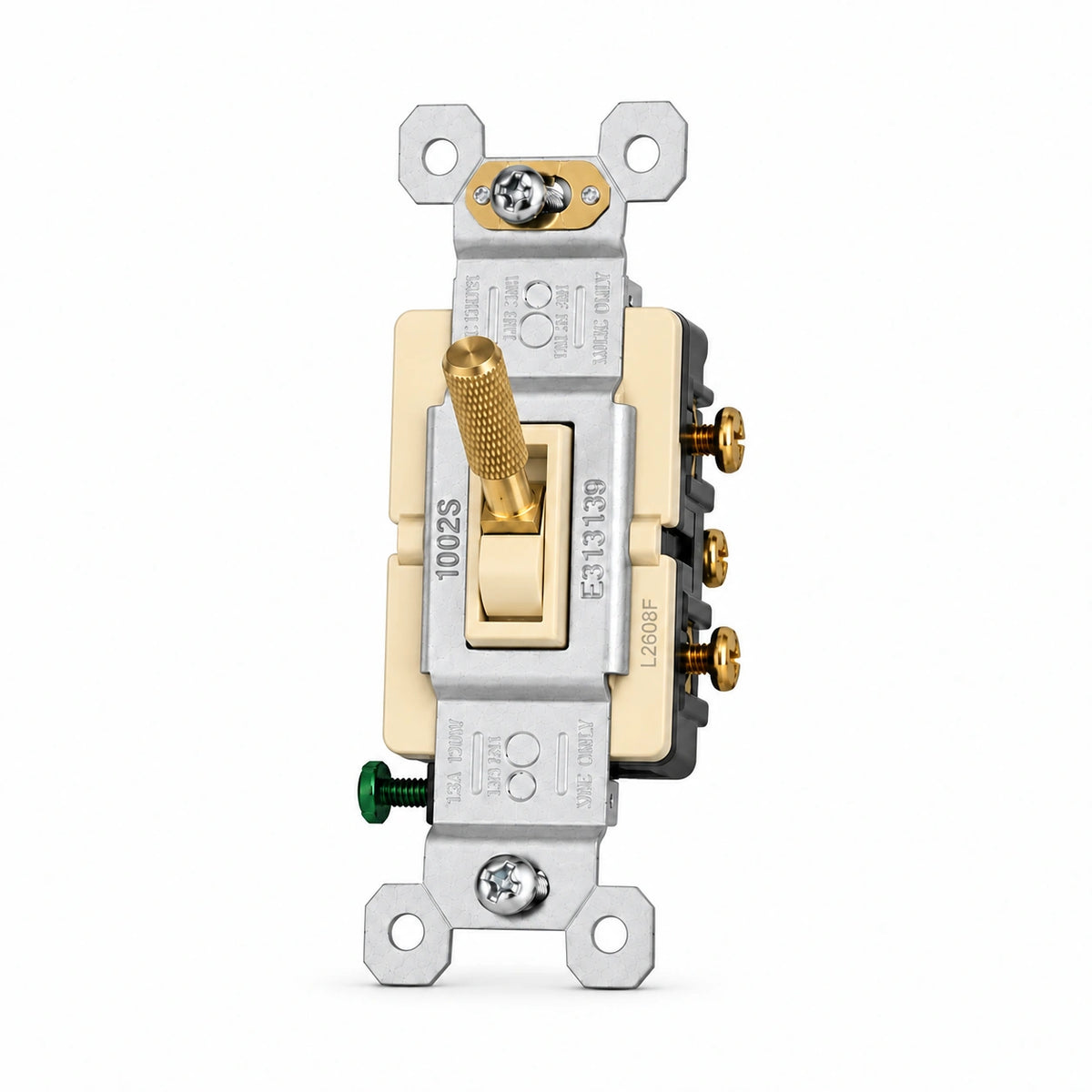 Satin Brass knurled toggle switch replacement with ivory frame — individual front view