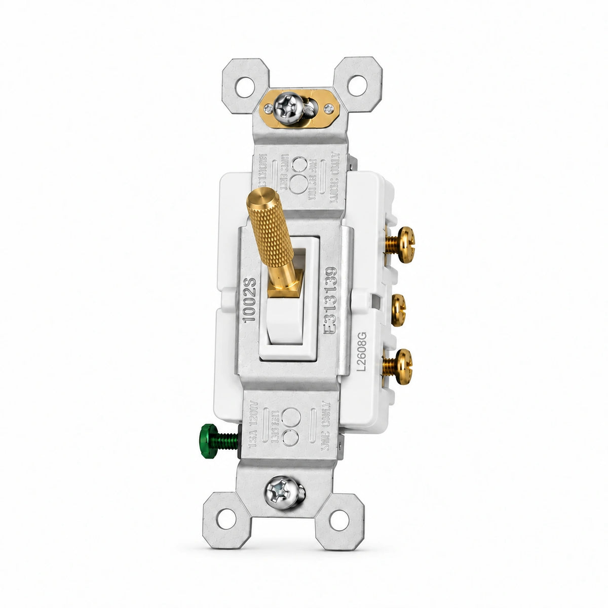 Satin Brass knurled toggle switch replacement with white frame — individual front view