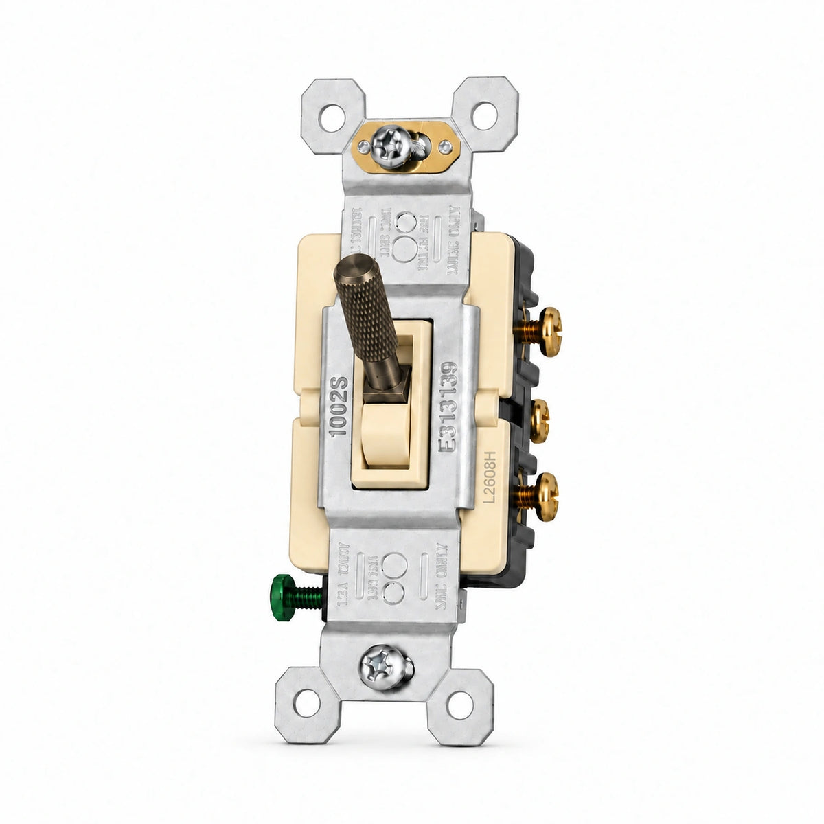 Aged Bronze (Hand-Brushed) knurled toggle switch replacement with ivory frame — individual front view