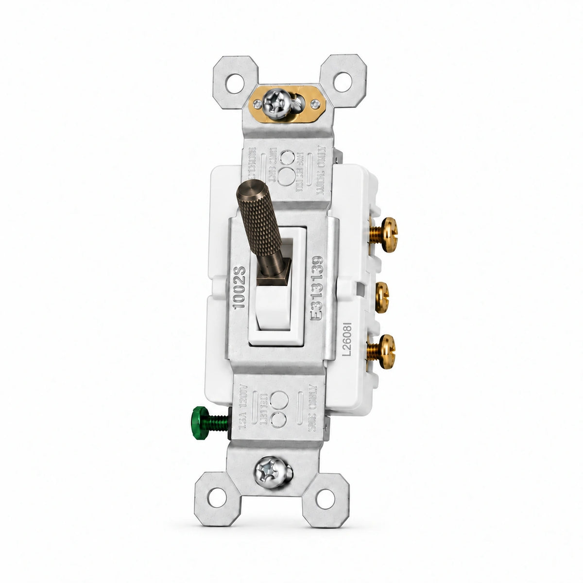 Aged Bronze (Hand-Brushed) knurled toggle switch replacement with white frame — individual front view